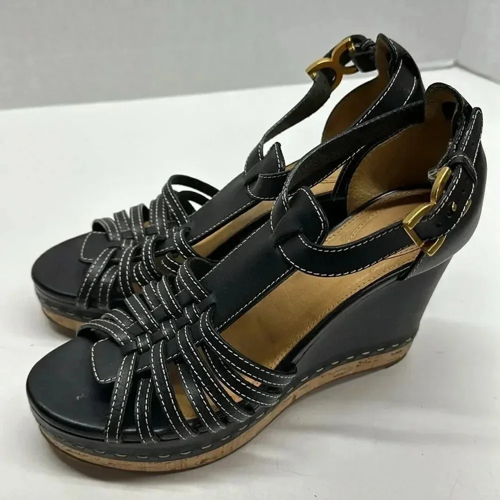 Chloe Marcie Wedges Leather T-Strap Platform High Heel Sandals Black Size 40.5